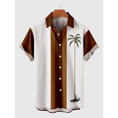 50s Brown & White Stitching Coconut Tree Printing Men's Short Sleeve Shirt