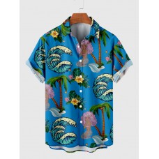 Full-Print Blue Coconut Tree Printing Hawaiian Men's Short Sleeve Shirt