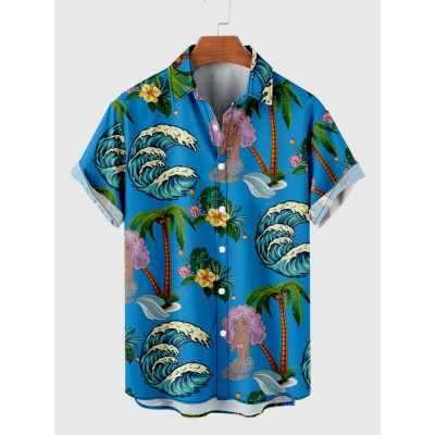 Full-Print Blue Coconut Tree Printing Hawaiian Men's Short Sleeve Shirt