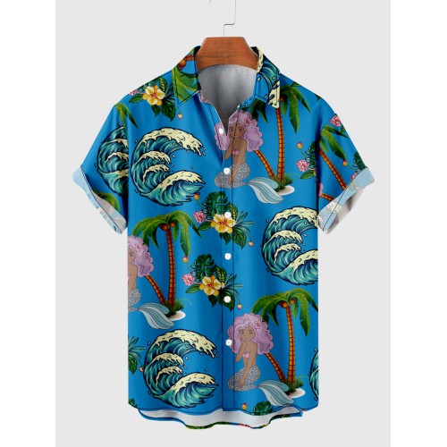 Full-Print Blue Coconut Tree Printing Hawaiian Men's Short Sleeve Shirt