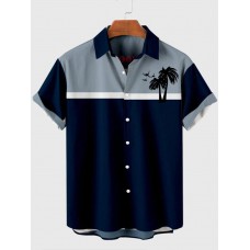 Grey And Blue Stitching Coconut Tree Printing Men's Short Sleeve Shirt